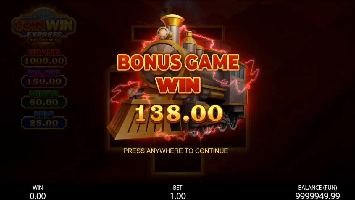 Interface do jogo de slot Coin Win Express com símbolos de trens e moedas douradas