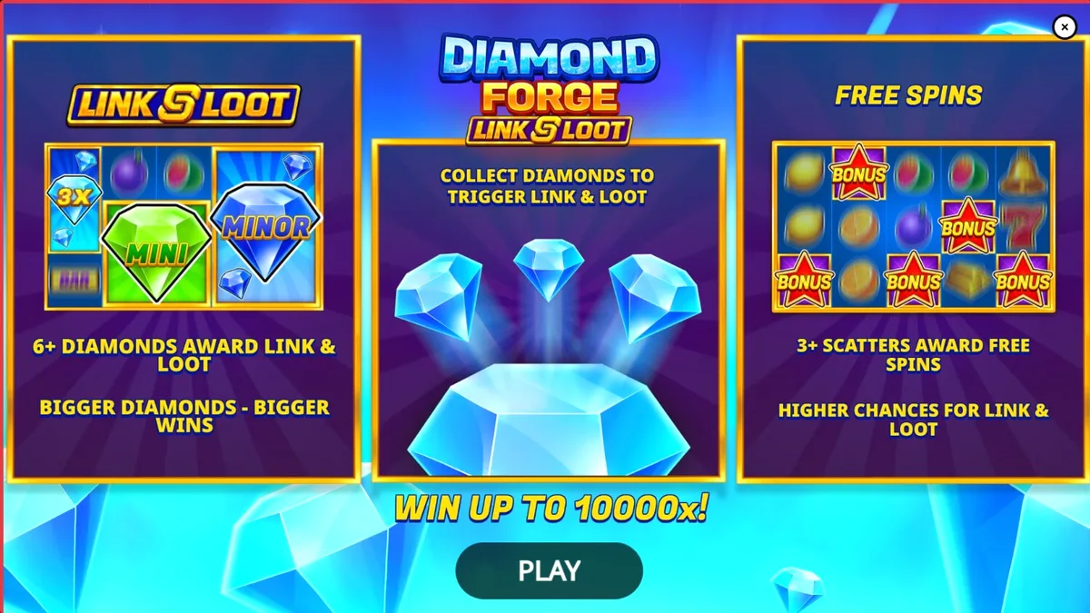 Interface do jogo Diamond Forge Link & Loot exibindo símbolos de frutas e diamantes brilhantes