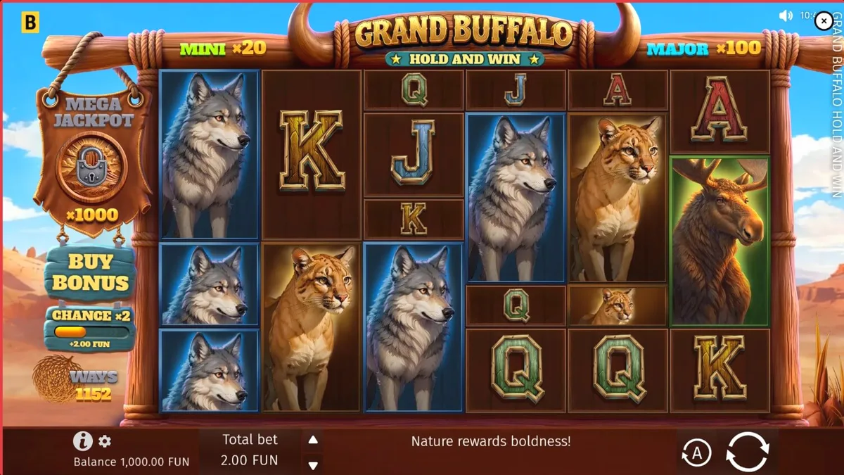 Cenário de pradaria do Velho Oeste com búfalos e símbolos de fogo no slot Grand Buffalo Hold & Win