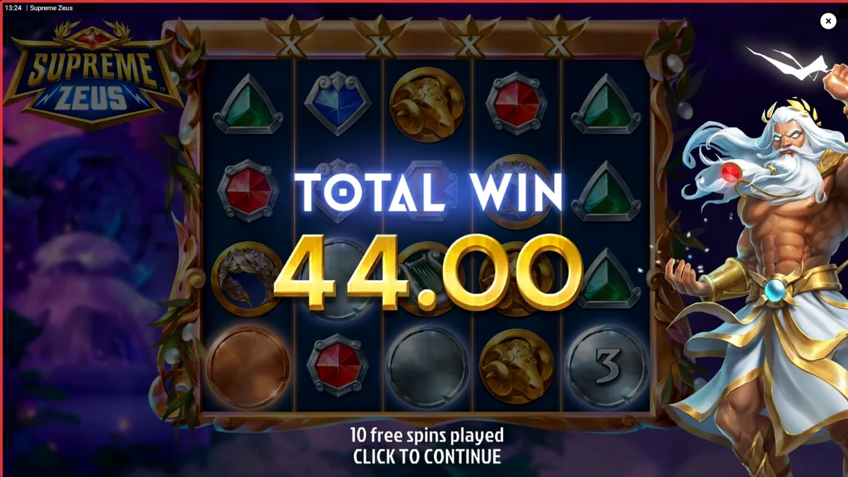 Interface do slot Supreme Zeus com elementos da mitologia grega e raios de Zeus